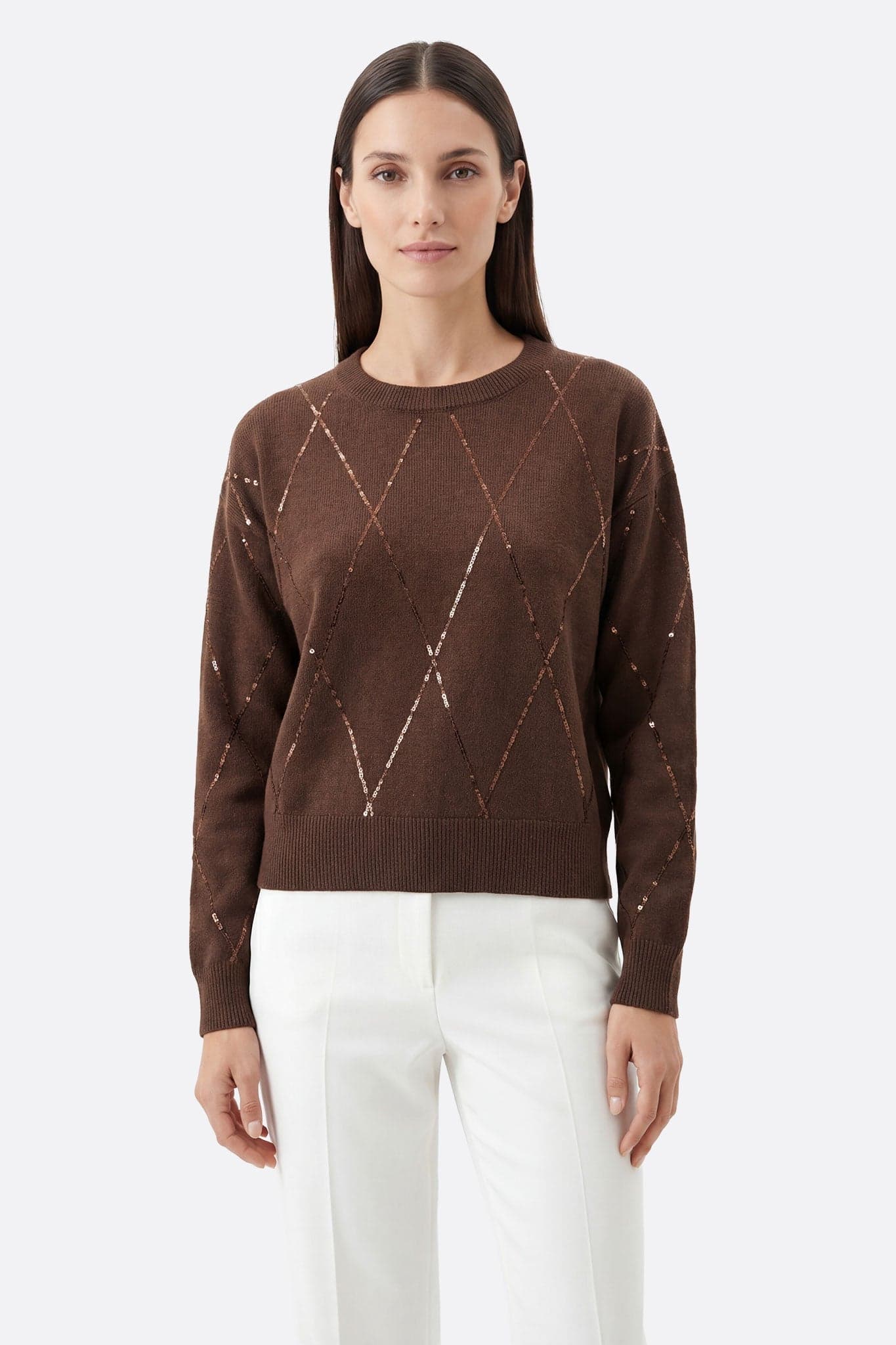 Pull en laine mélangée marron avec éclats scintillants, parfait pour une allure chic au quotidien.