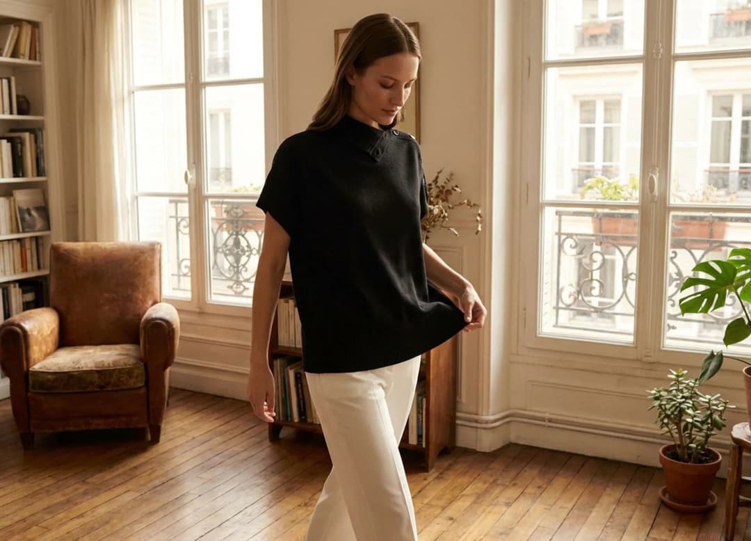 Femme se déplaçant dans son appartement, le pull oversize accompagnant naturellement le mouvement du corps.