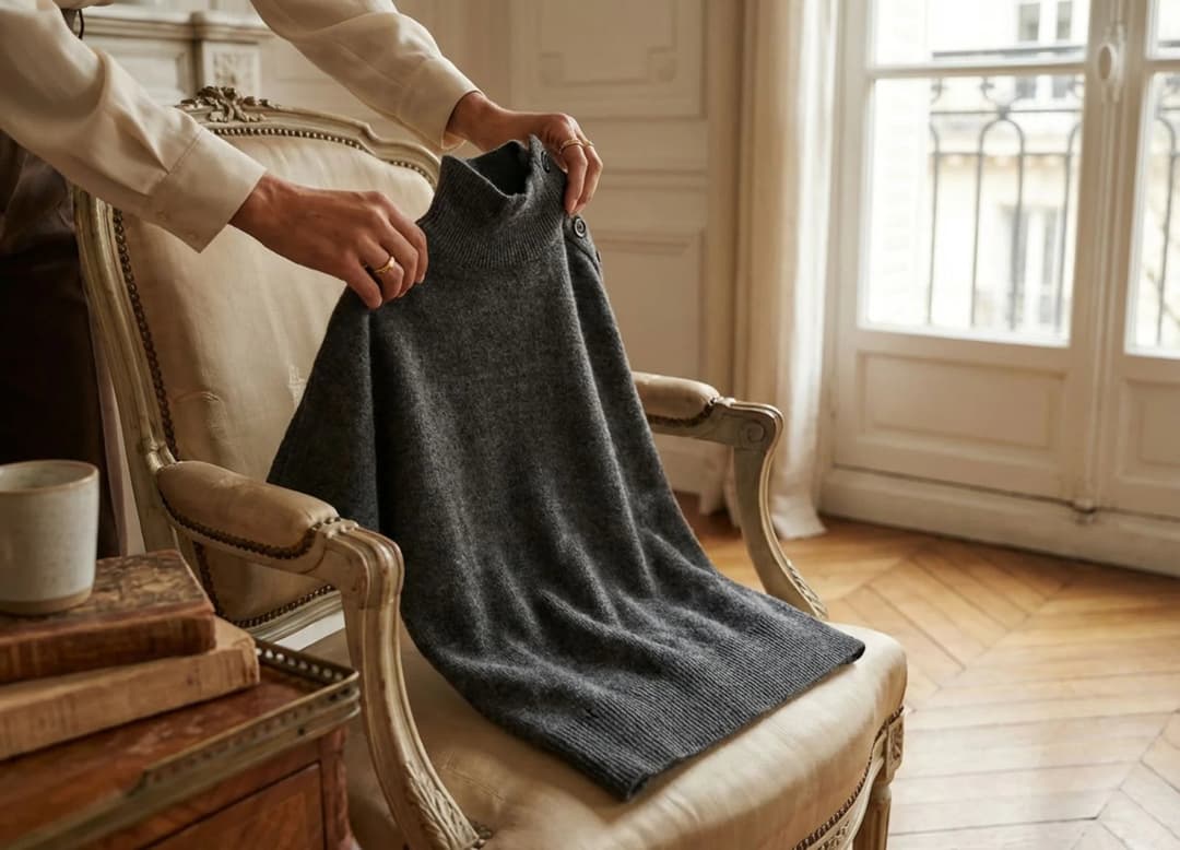 Pull oversize tenu dans les mains d’une femme, un instant intime de contact avec la matière dans un cadre domestique.