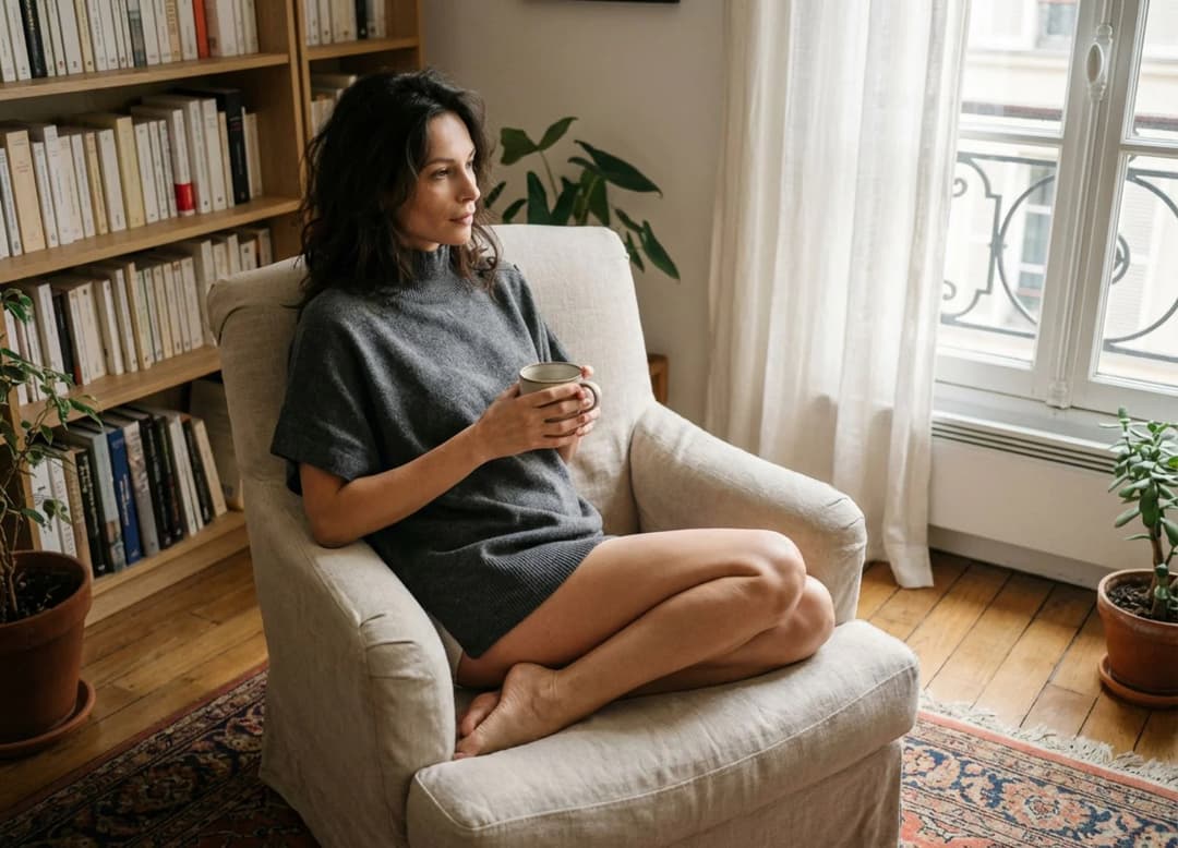 Femme assise portant un pull oversize, illustrant le confort et l’équilibre du vêtement dans la vie quotidienne.