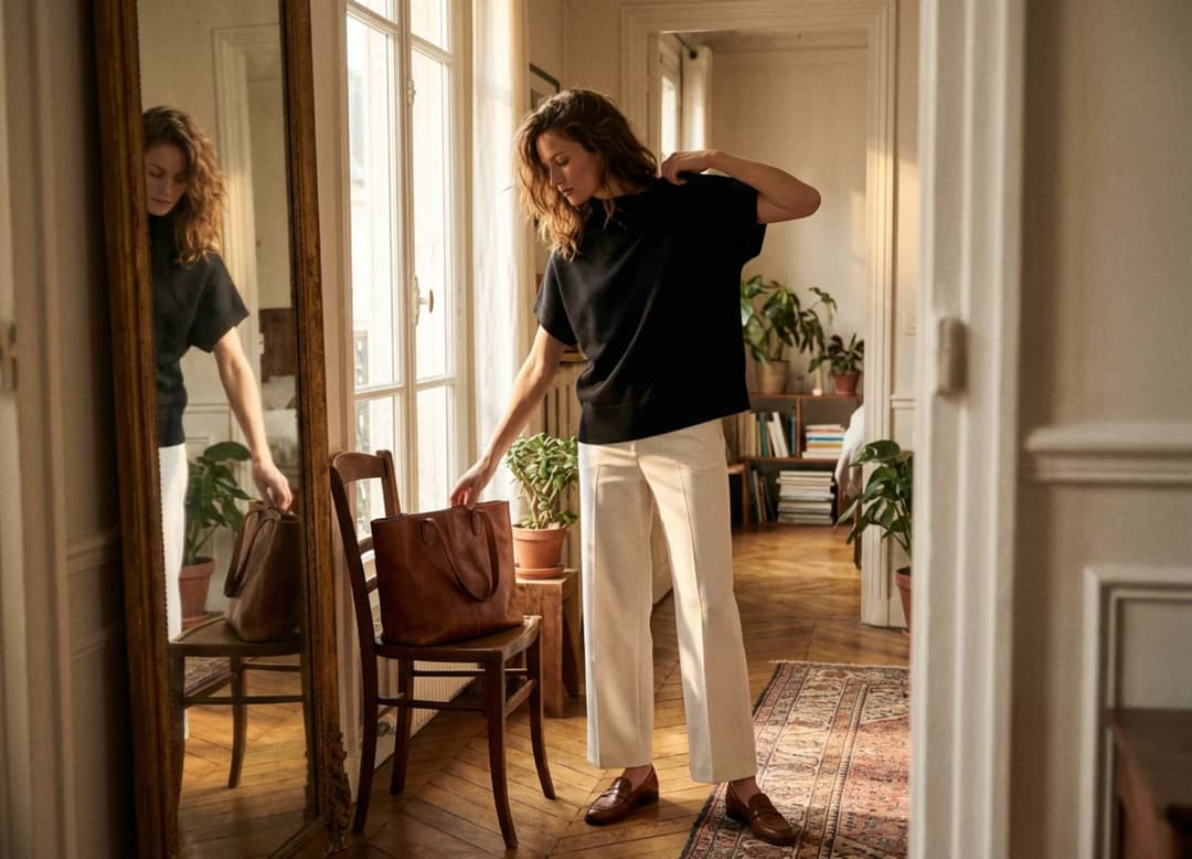 Femme tenant un pull oversize avant de sortir, le vêtement comme lien naturel entre intérieur et extérieur.