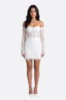 Short white lace dress Aurelia with off-the-shoulder sleeves
