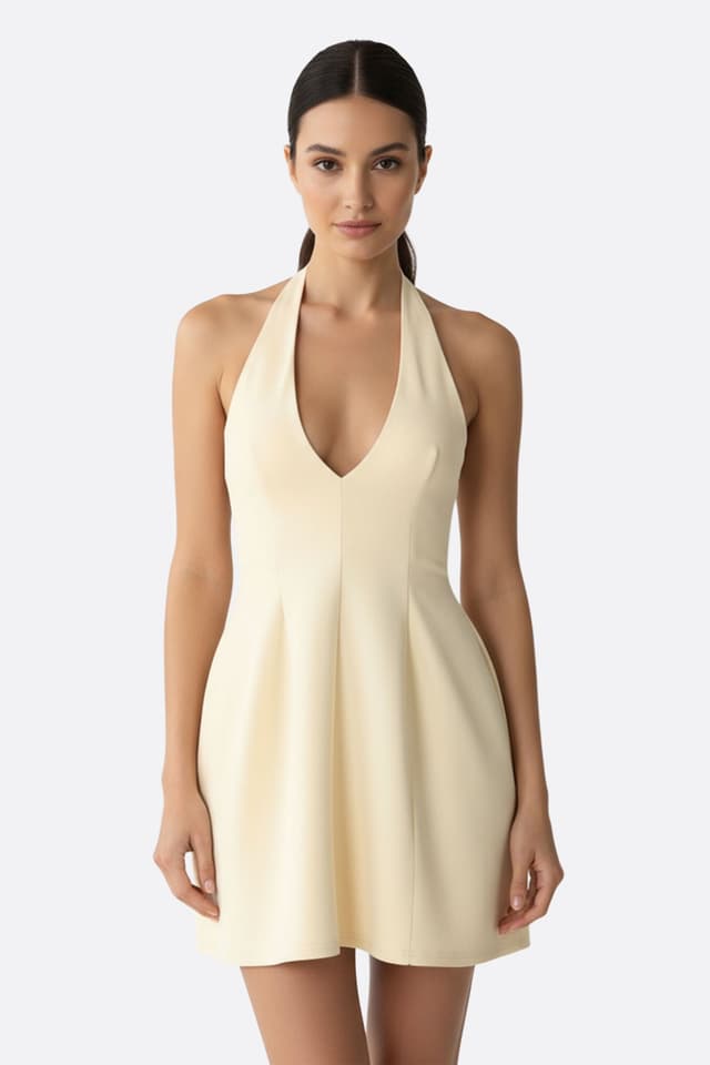 Abito svasato beige con scollatura profonda, perfetto per una serata chic o un evento raffinato.