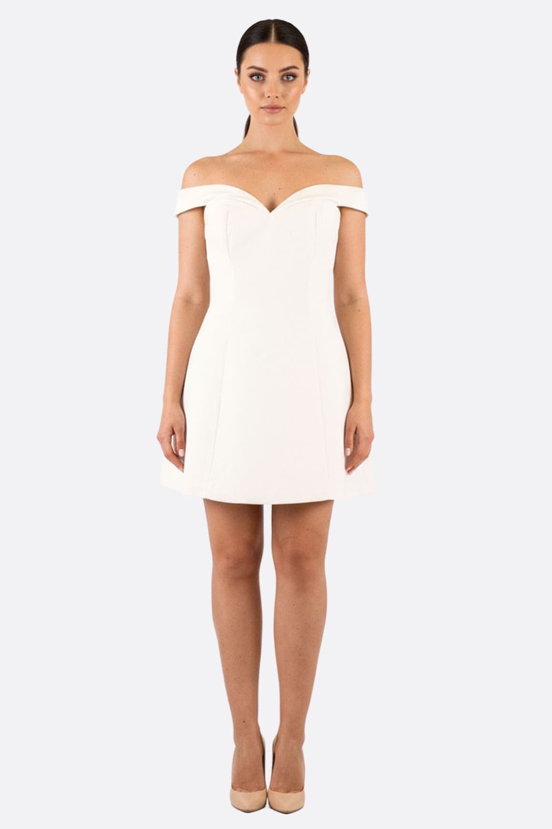 Robe courte blanche bustier épaules dénudées à coupe évasée