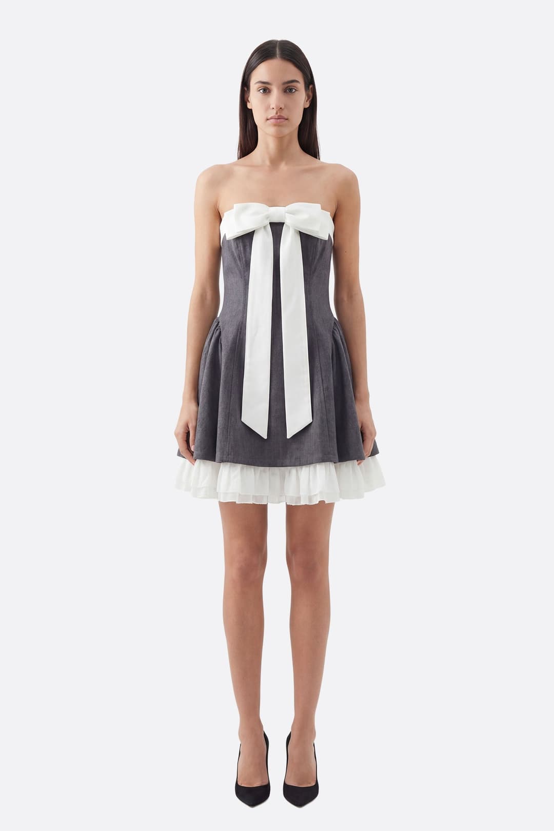 Robe courte bustier grise à nœud blanc