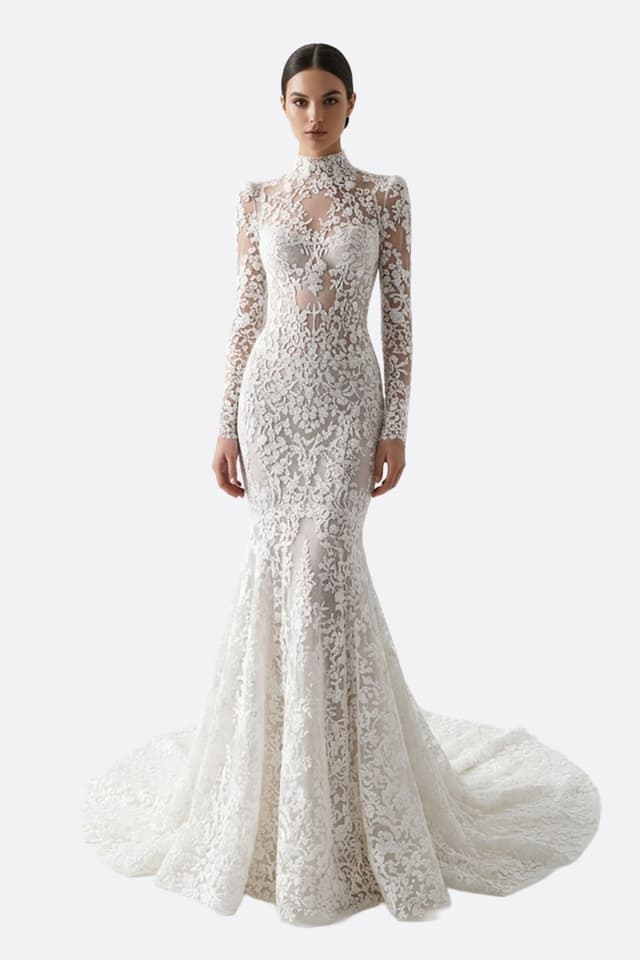 Abito da sposa sirena bianco in pizzo a maniche lunghe, silhouette glamour per una celebrazione nuziale elegante.