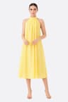 Abito giallo fluido in jacquard floreale con collo alto 