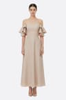 Beige strapless long dress with bare shoulders