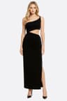 Asymmetrical black long dress with cutouts and draped details