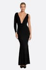 Robe longue noire col bénitier plongeant et cordons