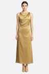 Beige satin long dress with American neckline