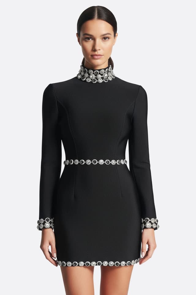 Abito nero corto a maniche lunghe, con collo gioiello in cristalli scintillanti, ideale per un evento elegante e chic.