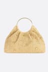 Golden raffia tote handbag adorned with golden beads 