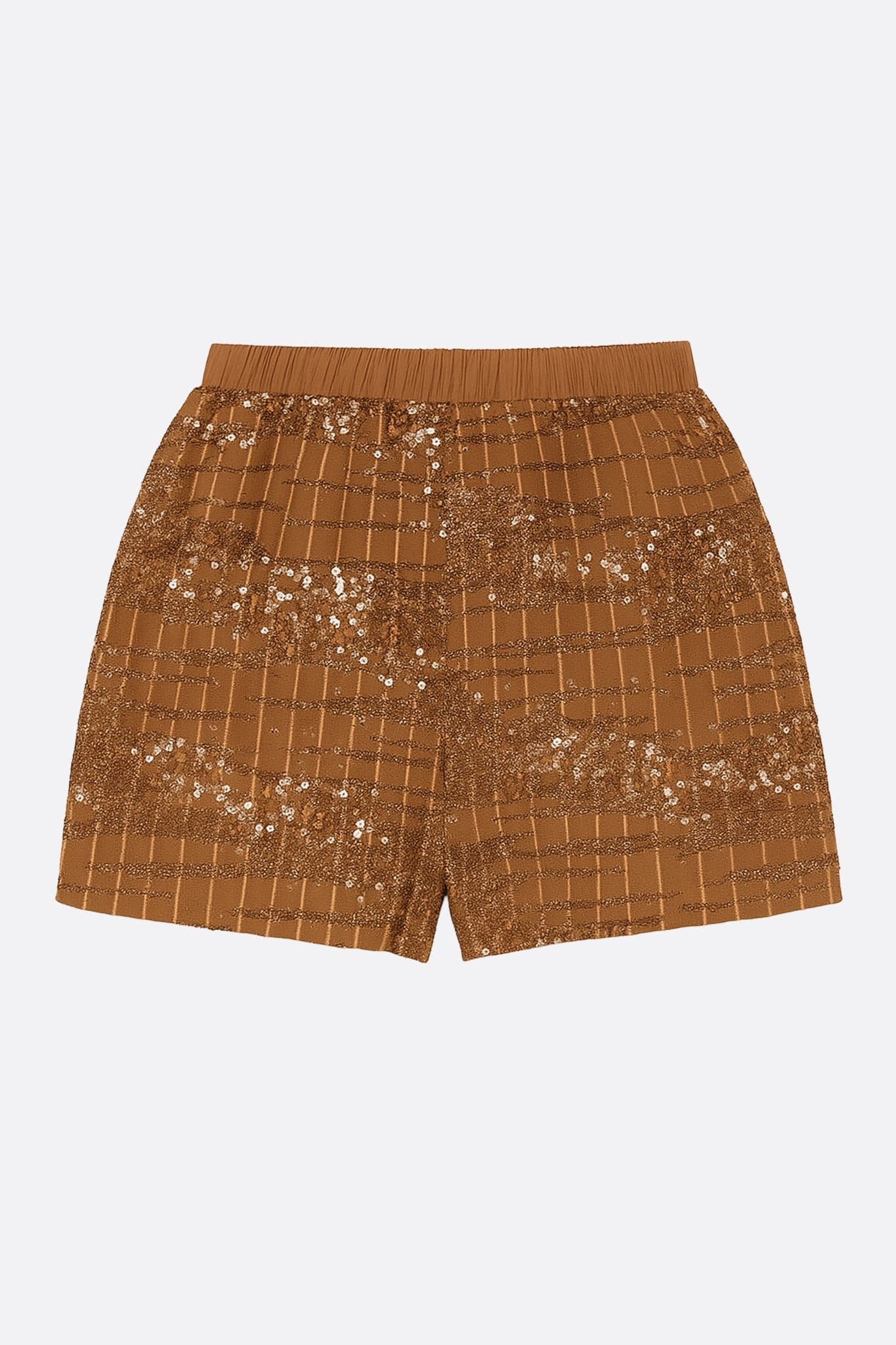 Short camel ricamato con paillettes bronzo, perfetto per aggiungere un tocco di stile e brillantezza a look raffinati e...