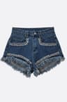 Blaue Denim-Shorts mit Fransen und funkelnden Strasssteinen