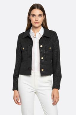 Giubbotto corto in tweed nero adornato con sequins, ideale per valorizzare un outfit chic durante una serata o un evento...