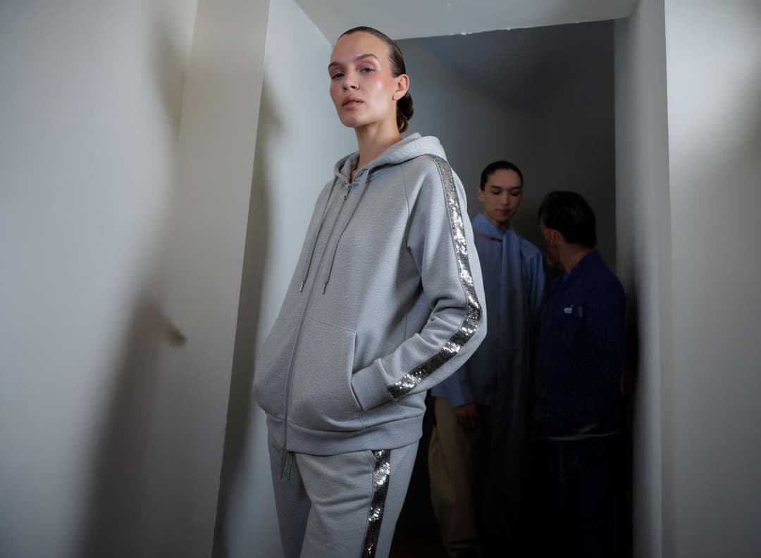 Backstage NYFW PE 2026, ensemble gris perle Misciano à bandes sequins pailletées