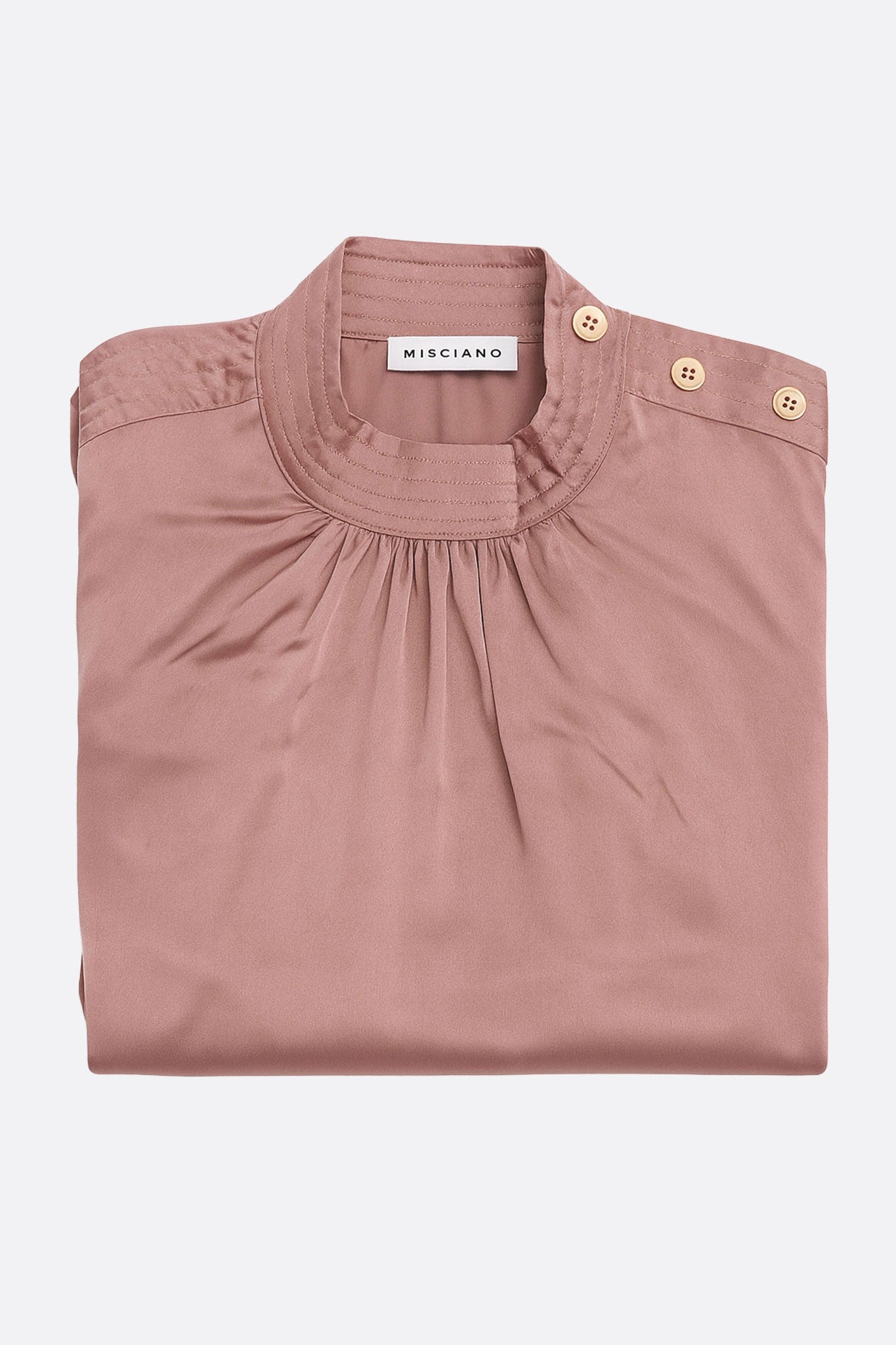 Alternative detail of the powder pink satin blouse, frilled collar, sublime for an elegant and refined everyday outfit.