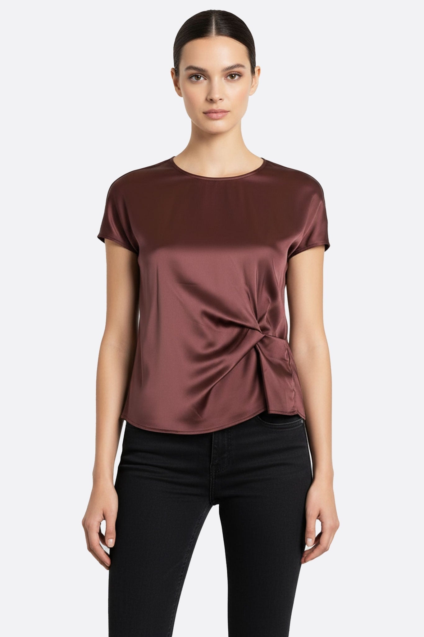 Bordeaux satin blouse with delicate gathers, perfect for an elegant evening or a refined special occasion.