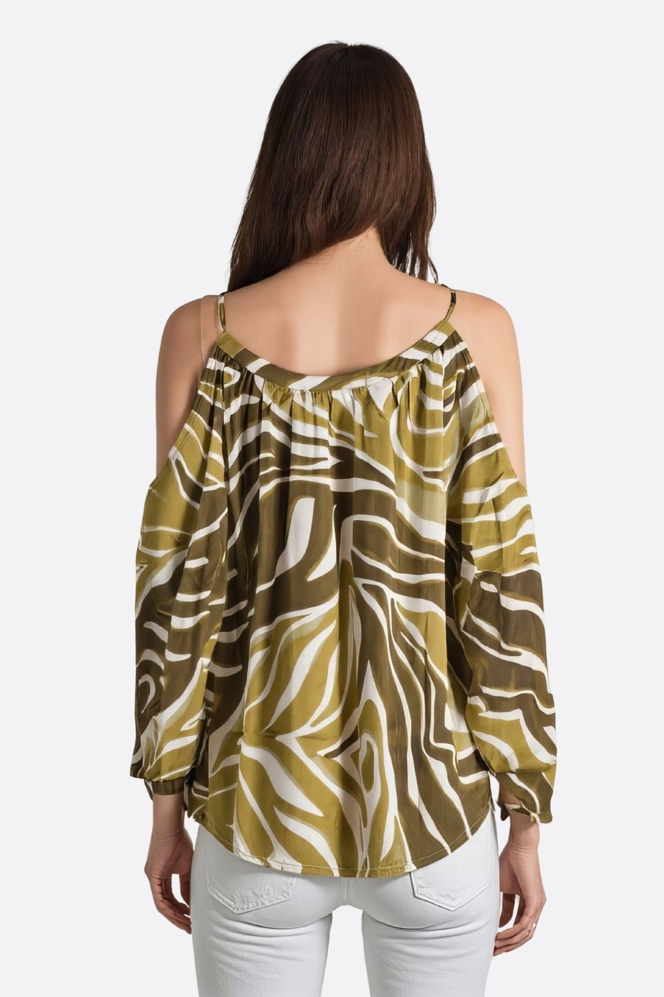 Green zebra print blouse, shown in three-quarter view, perfect for an elegant and casual outfit alongside a skirt or...