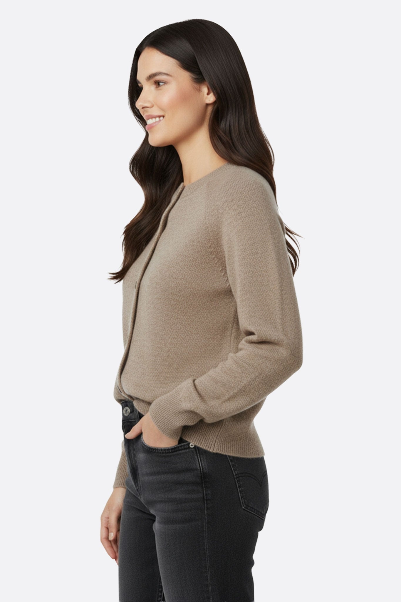 Close-up on the sleeve of the taupe wool cardigan, highlighting the softness of the material for a chic everyday style.