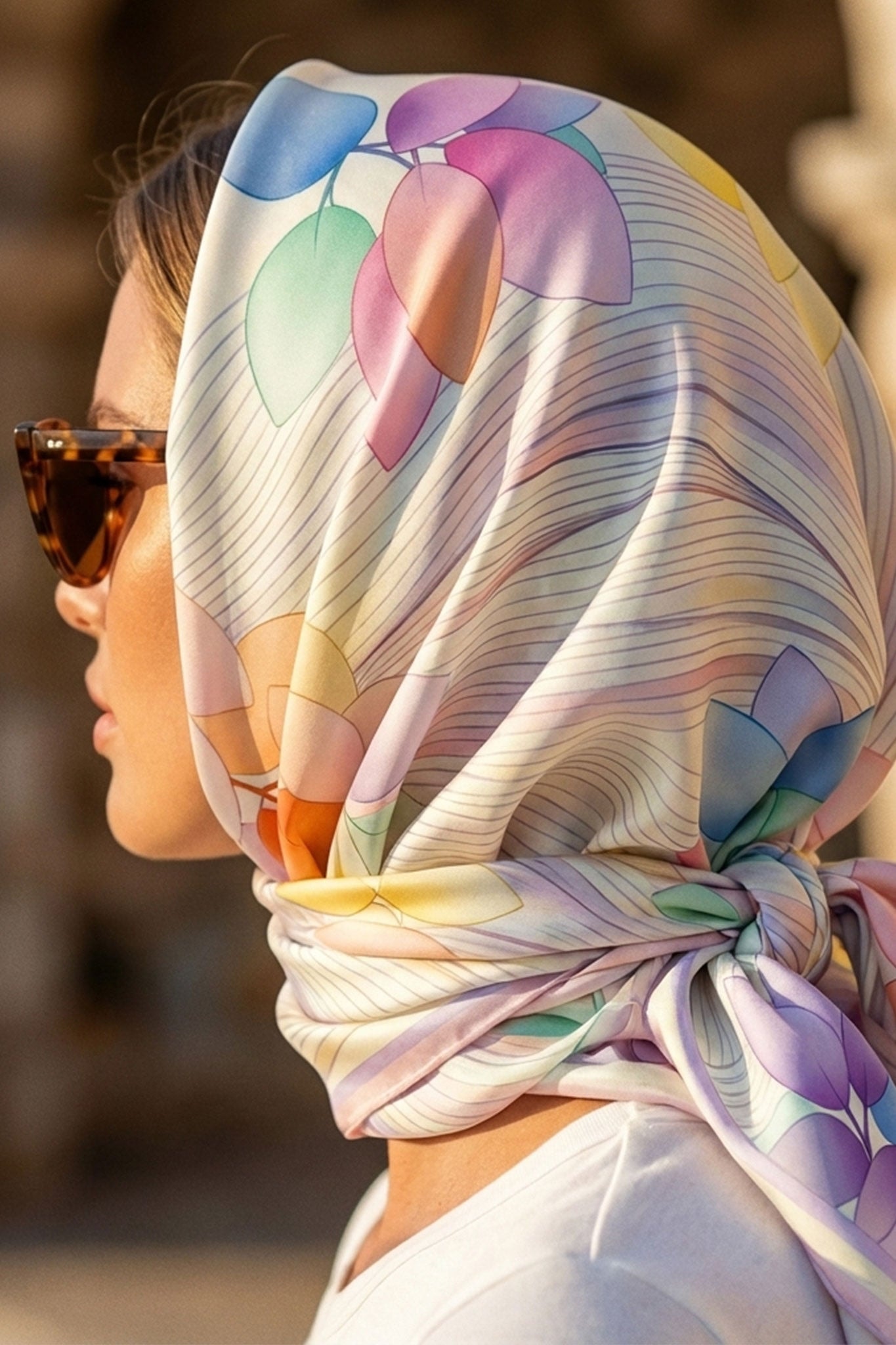 Vibrant floral patterns on the "Airy Garden" silk scarf, displaying its luxurious double-sided design and elegance, 90 x...