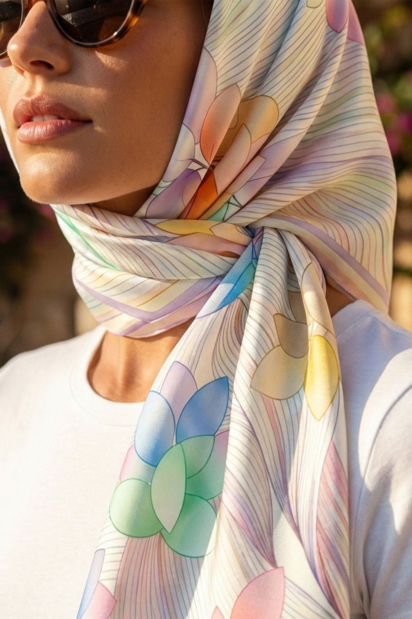 Double-sided silk square scarf "Airy Garden" with stunning floral patterns on a bright background, elegantly displayed at...