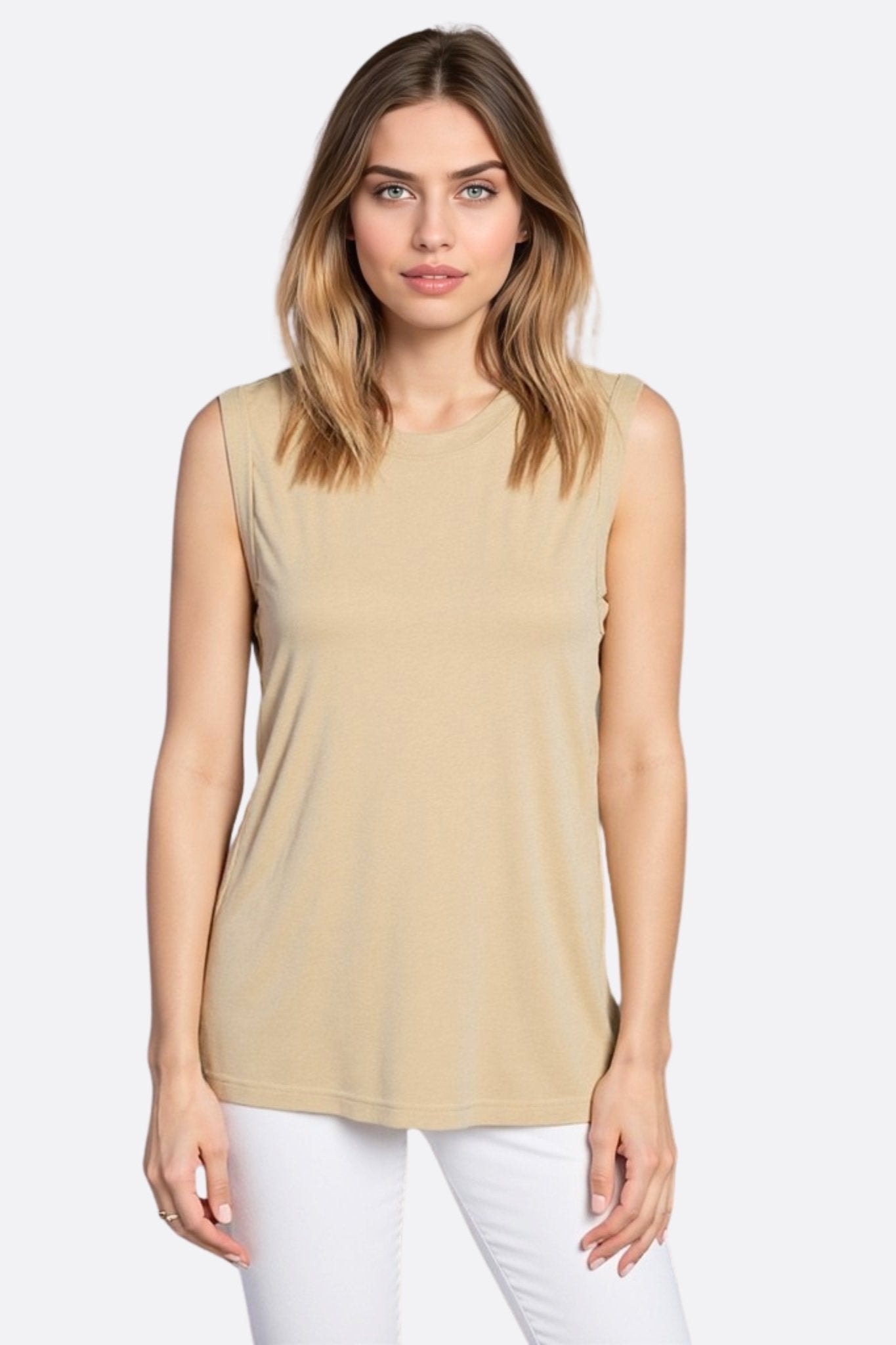 Beige tank top in shimmering jersey, perfect for an elegant evening or a casual yet refined everyday look.