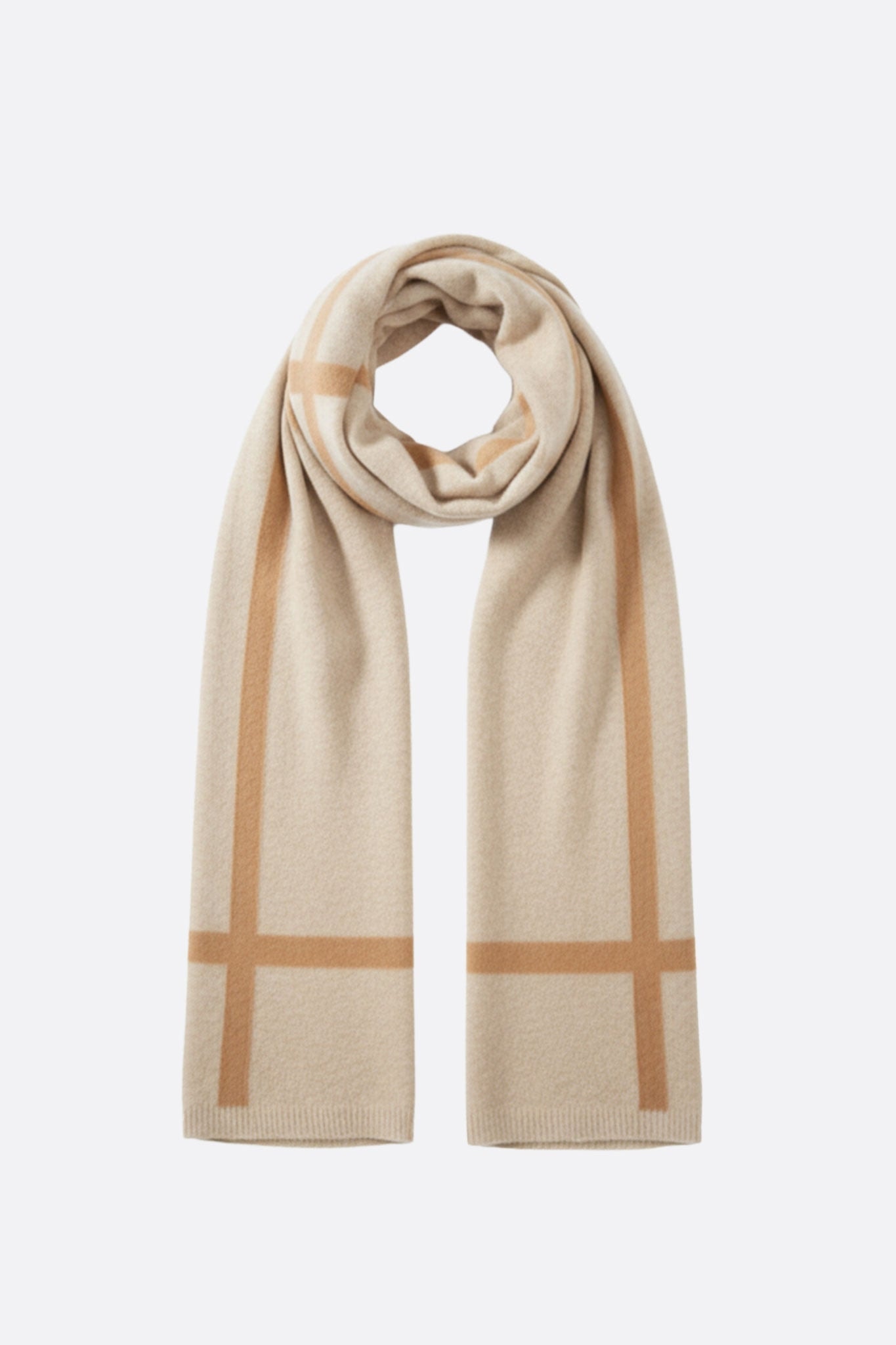 Beige cashmere scarf with brown stripes, delicate accessory to add a touch of elegance to your wardrobe.