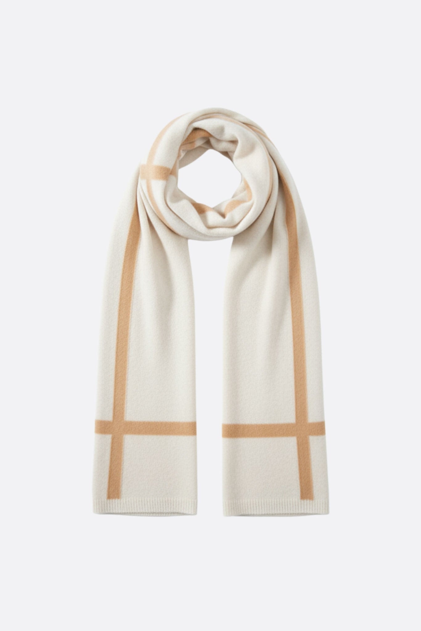 Sciarpa in cachemire bianca ornata da bande marroni, un accessorio morbido per valorizzare un outfit elegante in occasione di una serata.