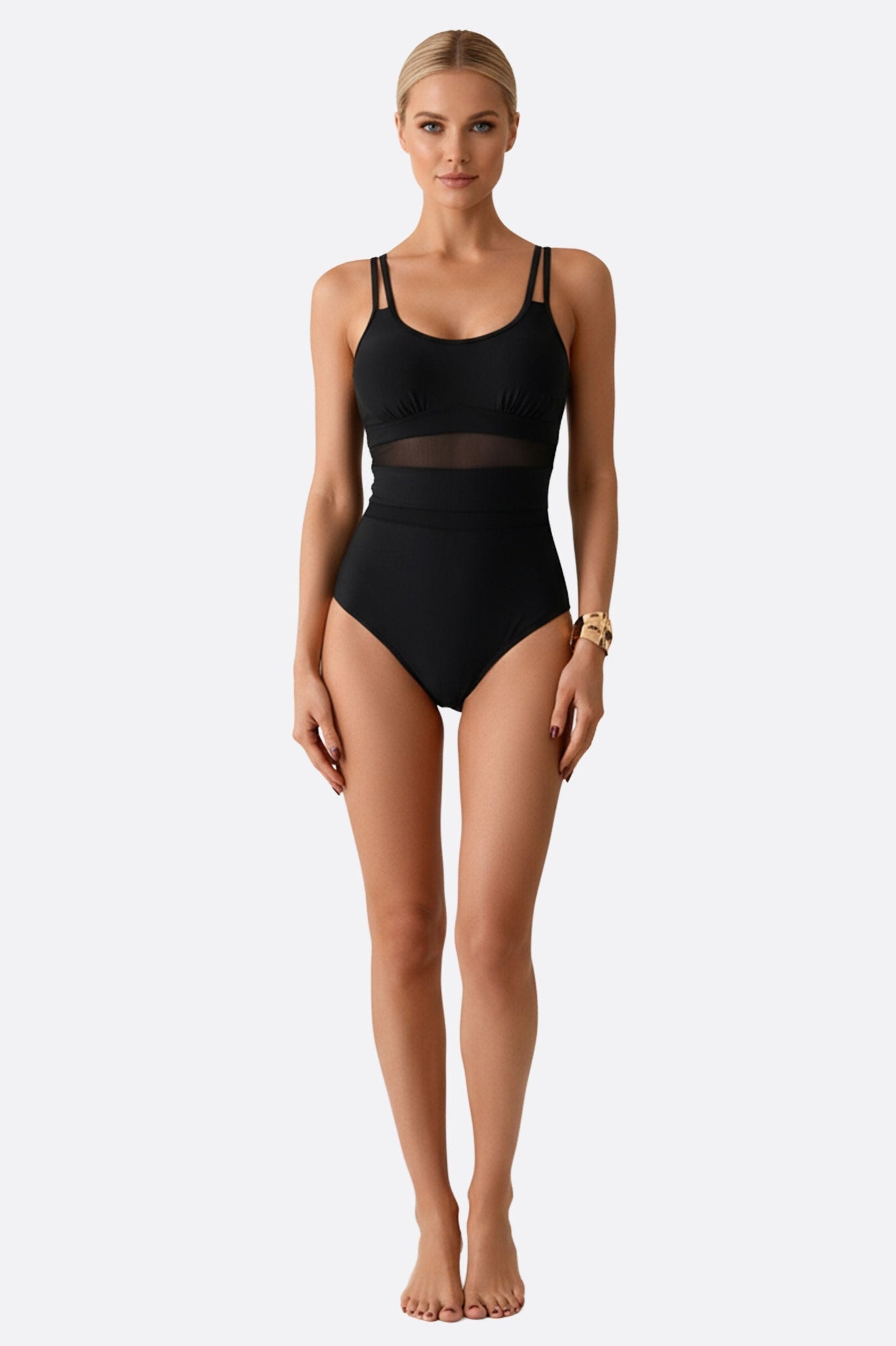 Maillot de bain une pièce noir élégant avec résille, parfait pour les journées ensoleillées ou les vacances raffinées.