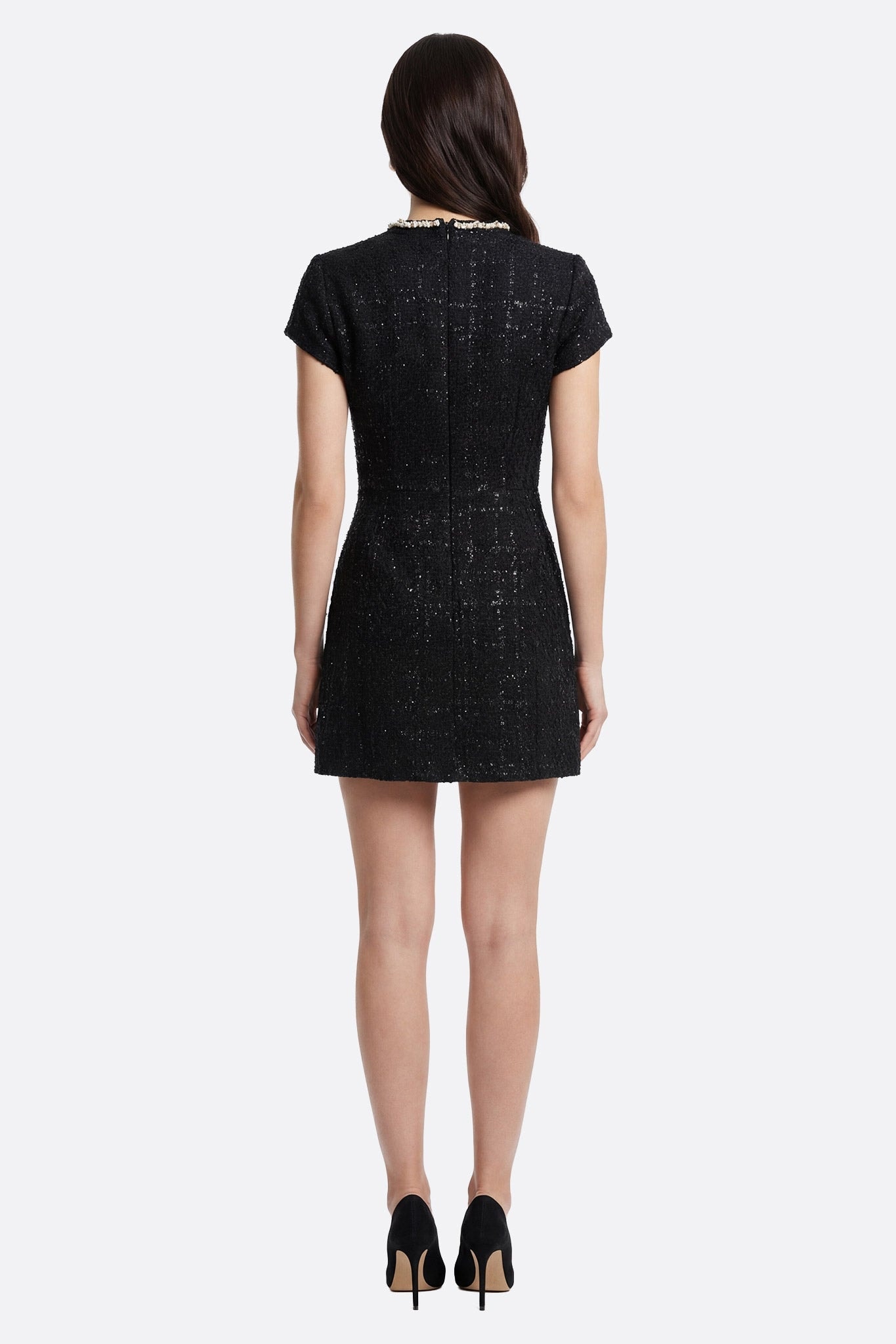Robe courte en tweed noir à col perlé doré - Misciano