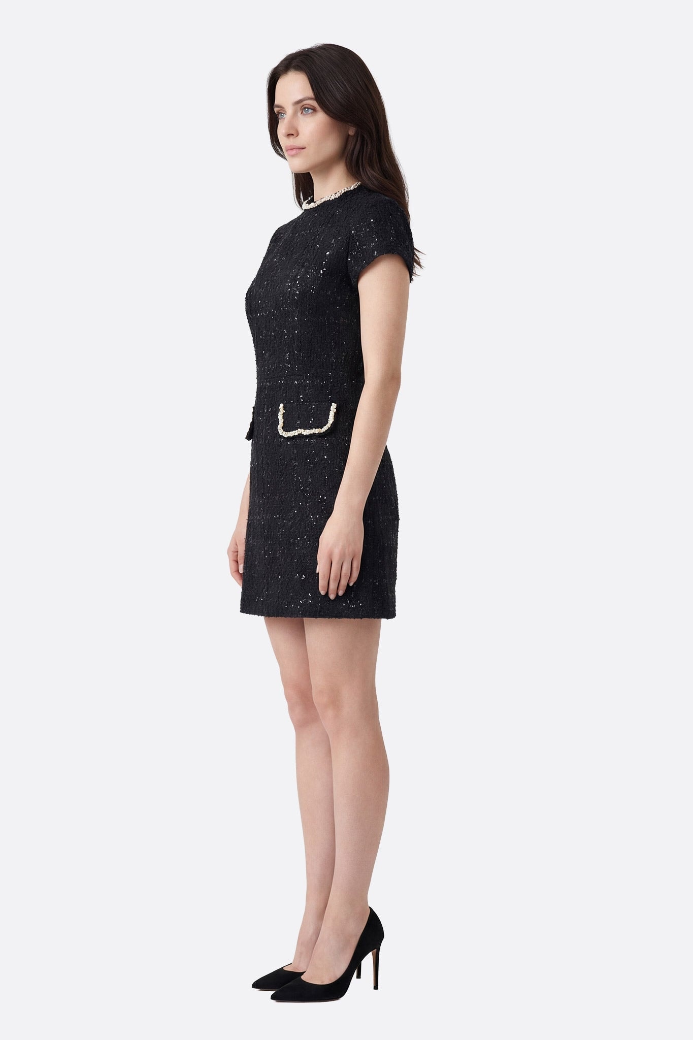 Robe courte en tweed noir à col perlé doré - Misciano