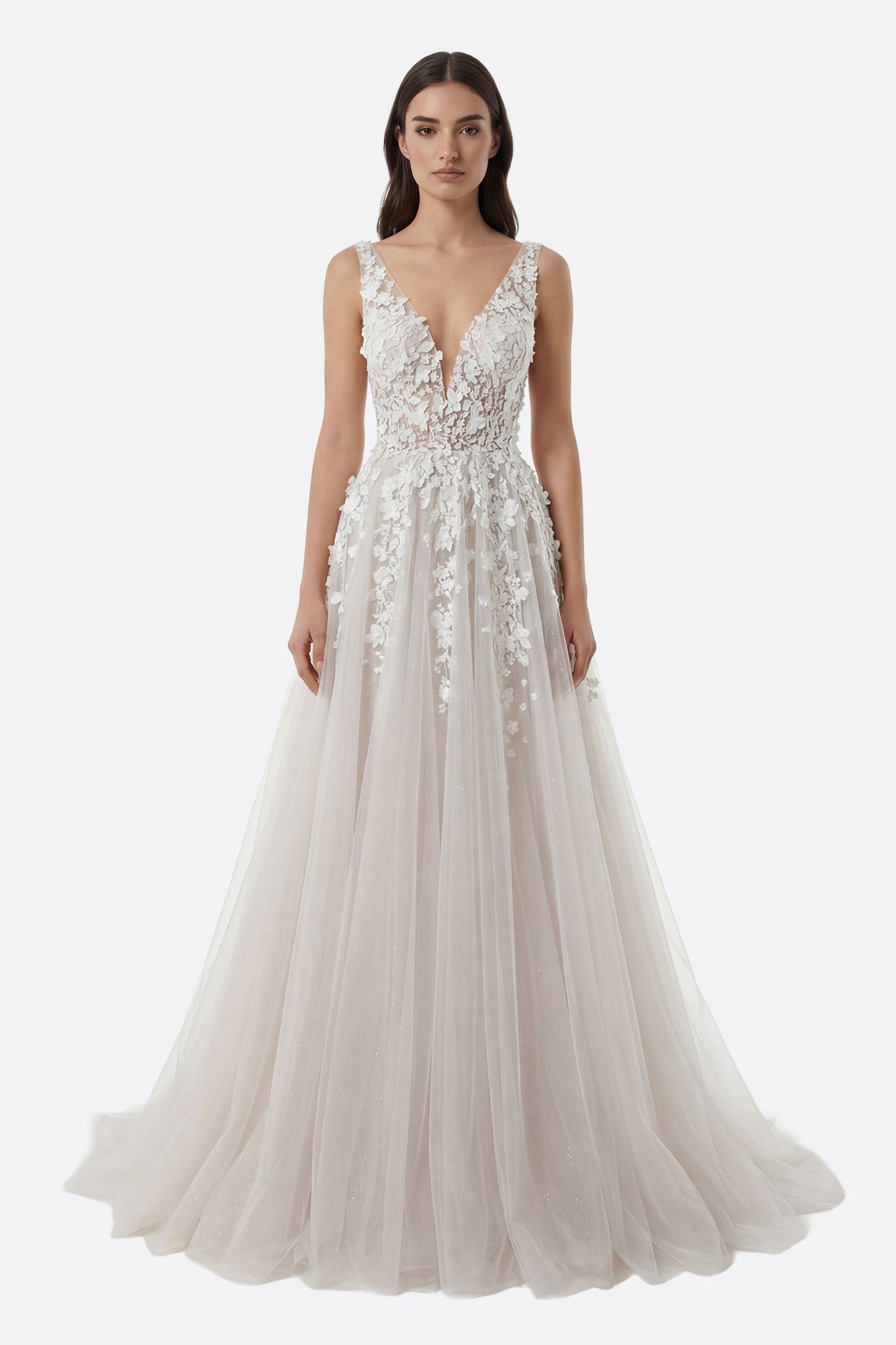Abito da sposa principessa in tulle nude e pizzo floreale - Misciano