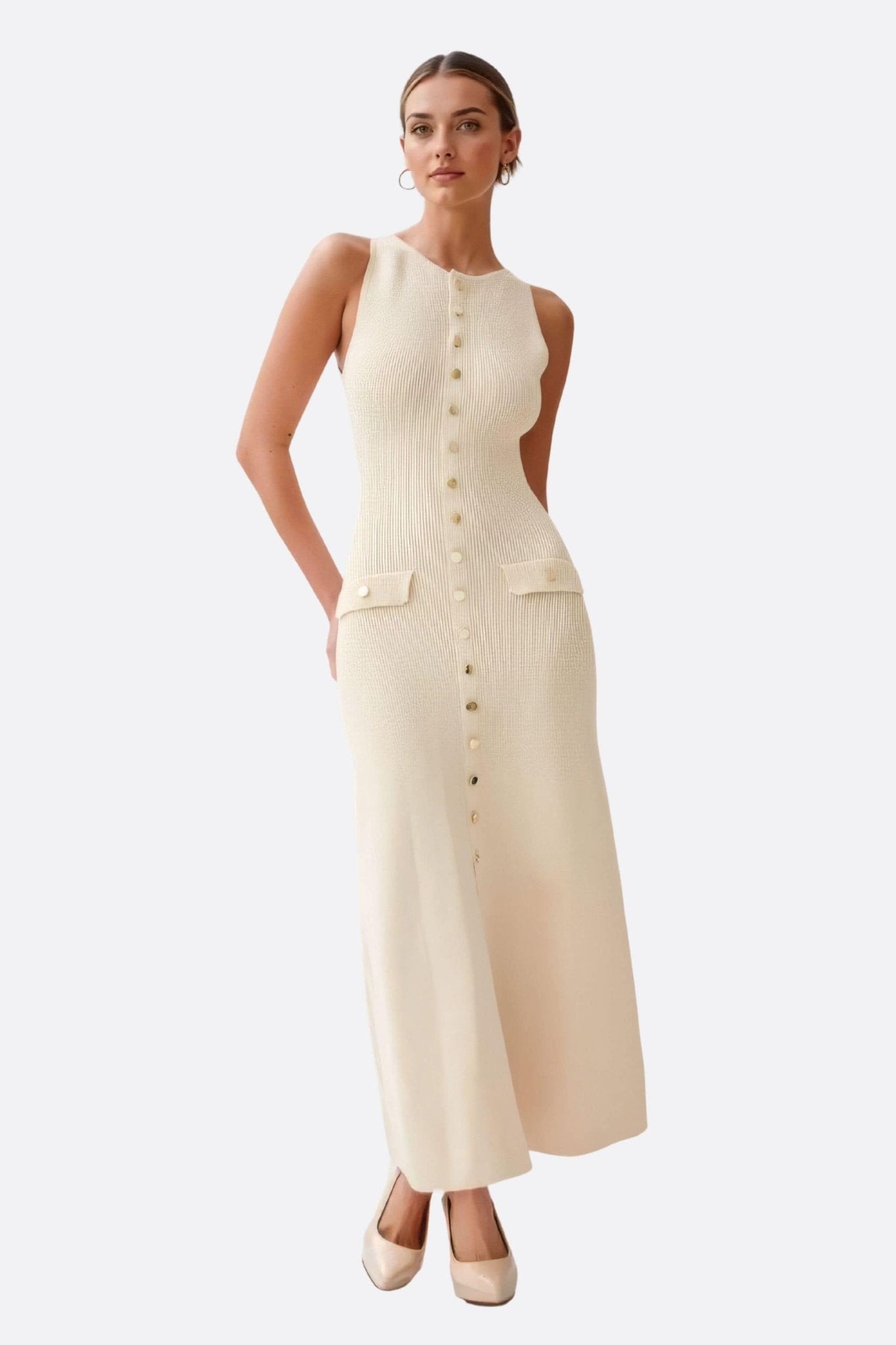 Vestido largo blanco de punto acanalado, sin mangas, de estilo depurado, perfecto para una velada elegante o un evento chic.