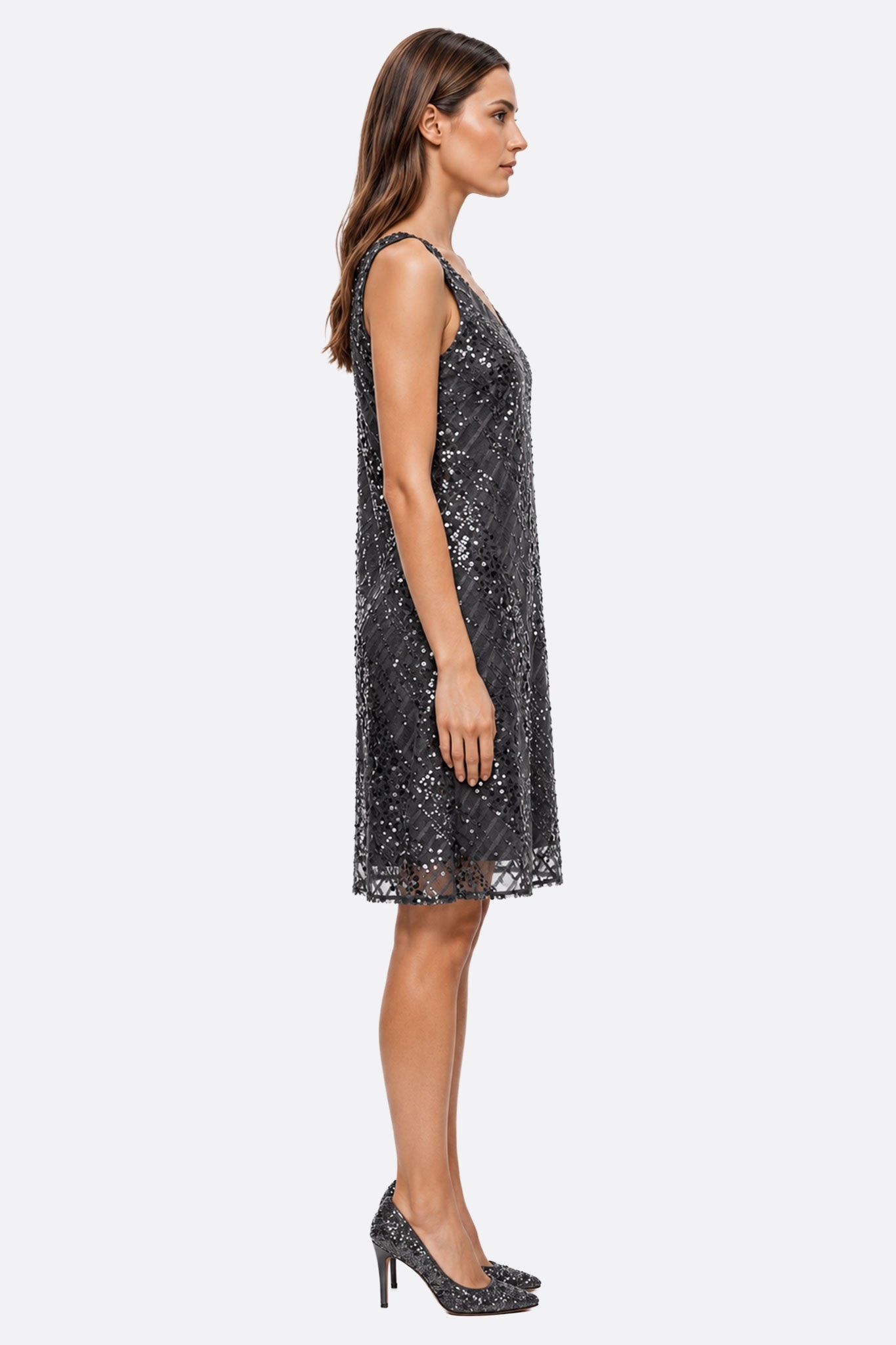 Shimmering Black Sequin Dress with V-Neck