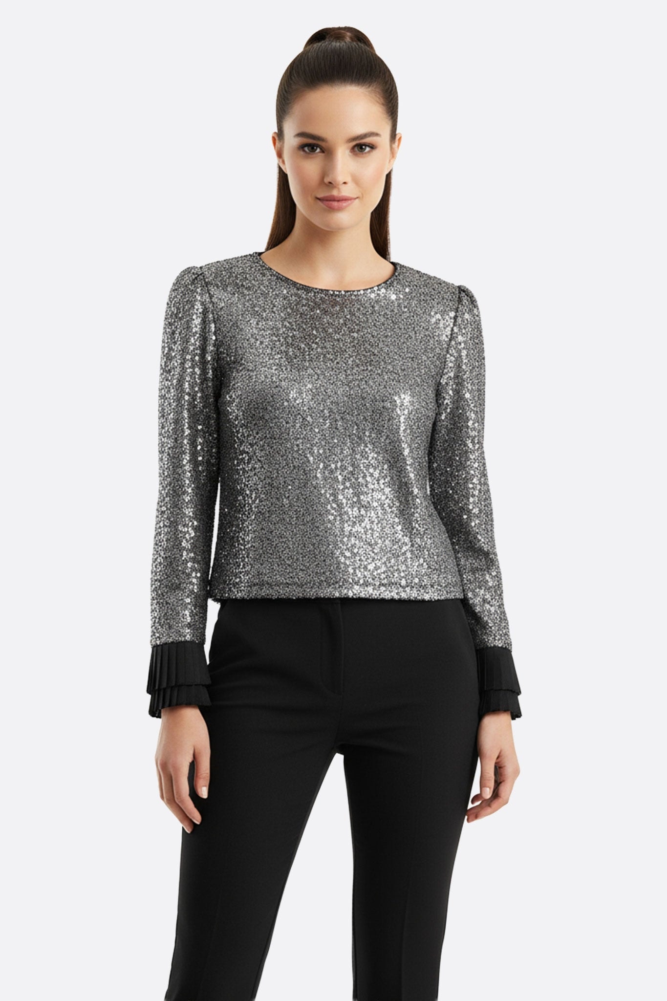 Shimmering black top adorned with silver sequins, featuring pleated cuffs for a chic evening look.