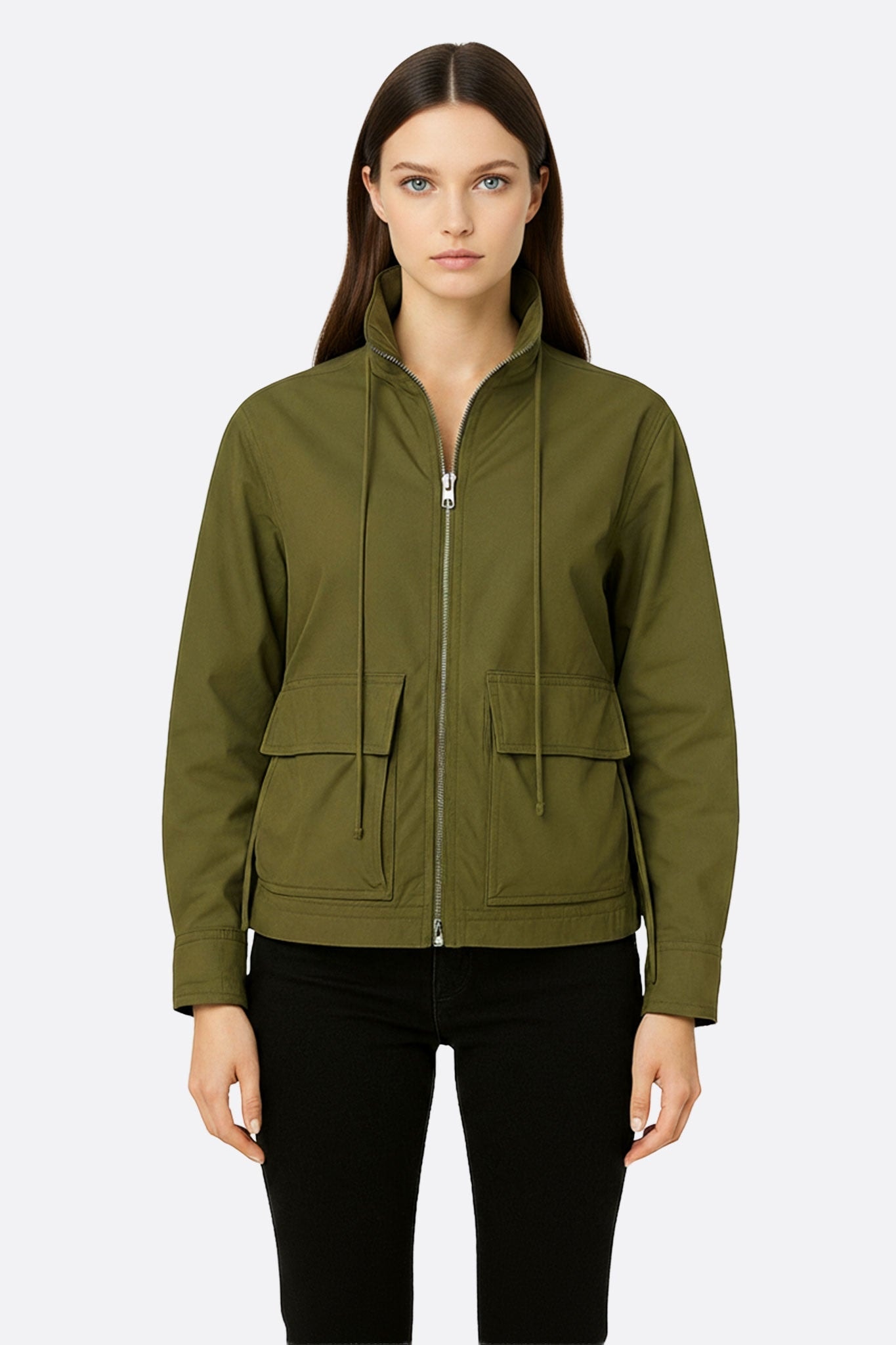 Veste utilitaire ample en vert kaki, à cordons ajustables, parfaite pour un look élégant et décontracté au quotidien.