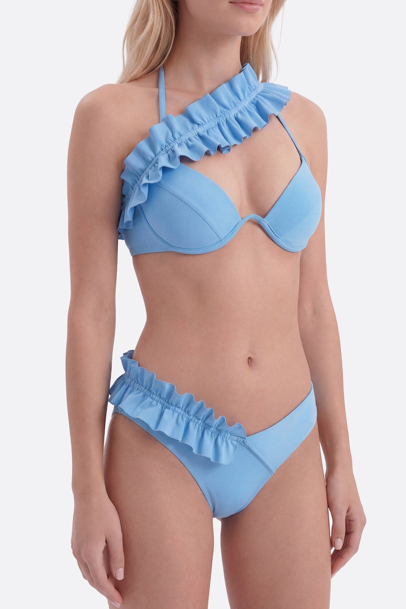 Back view of the sky blue two-piece bikini with ruffles, ideal for beach or pool outings