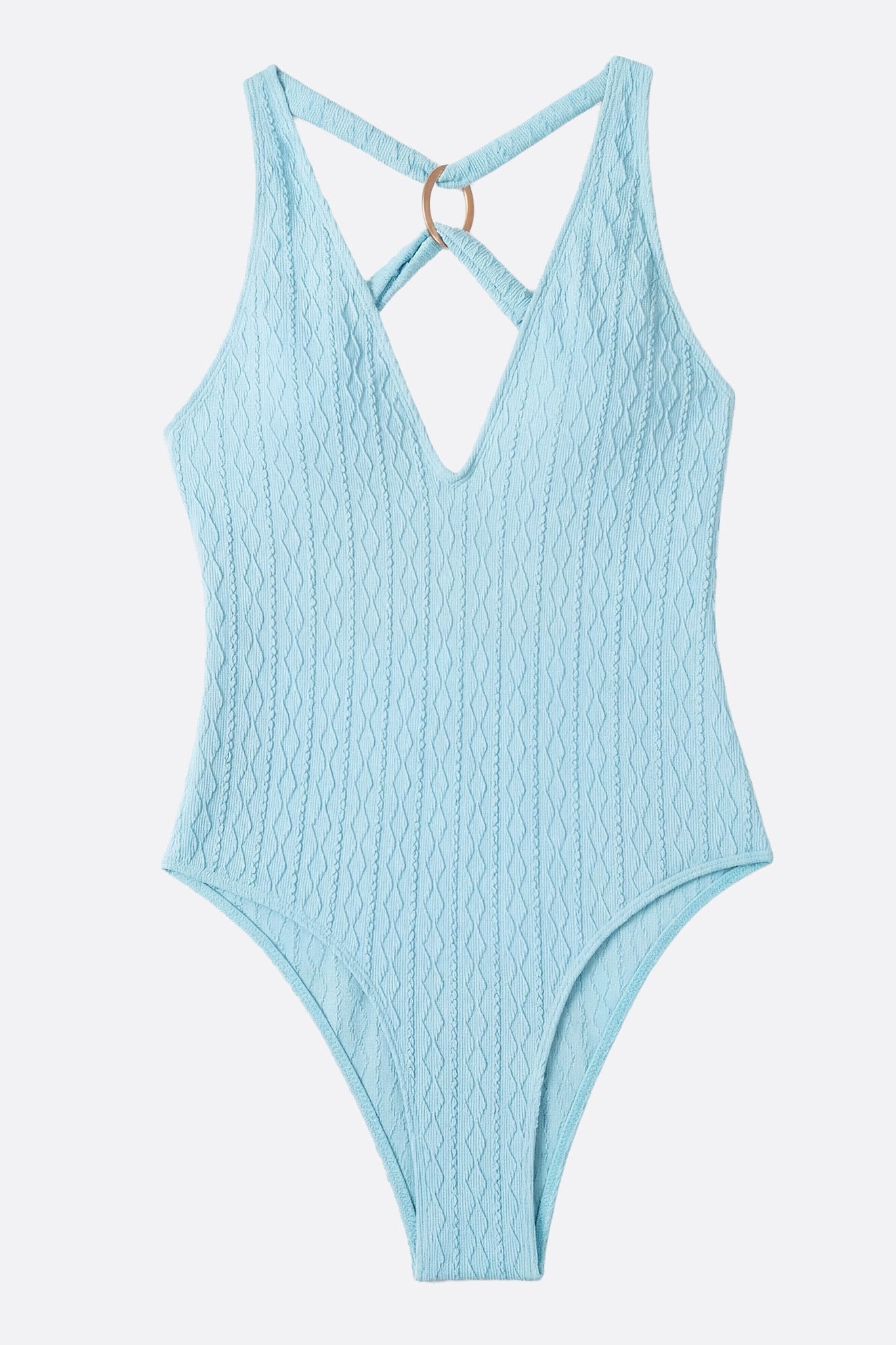 Textured turquoise one-piece swimsuit with a sophisticated design, ideal for accentuating your figure at the beach or...