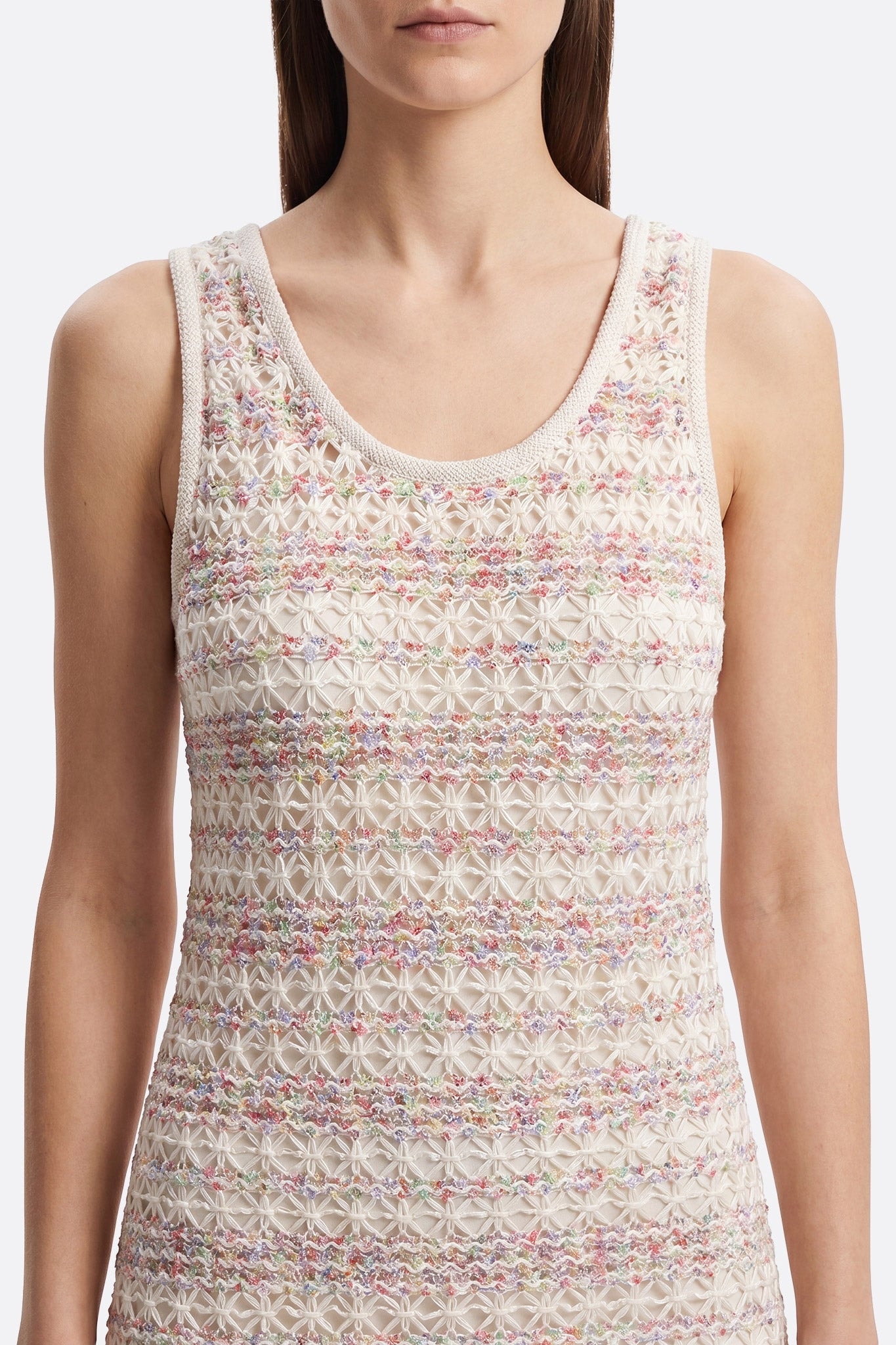 Ecru textured midi dress with gradient pattern worn front, close-up on openwork fabric and colors