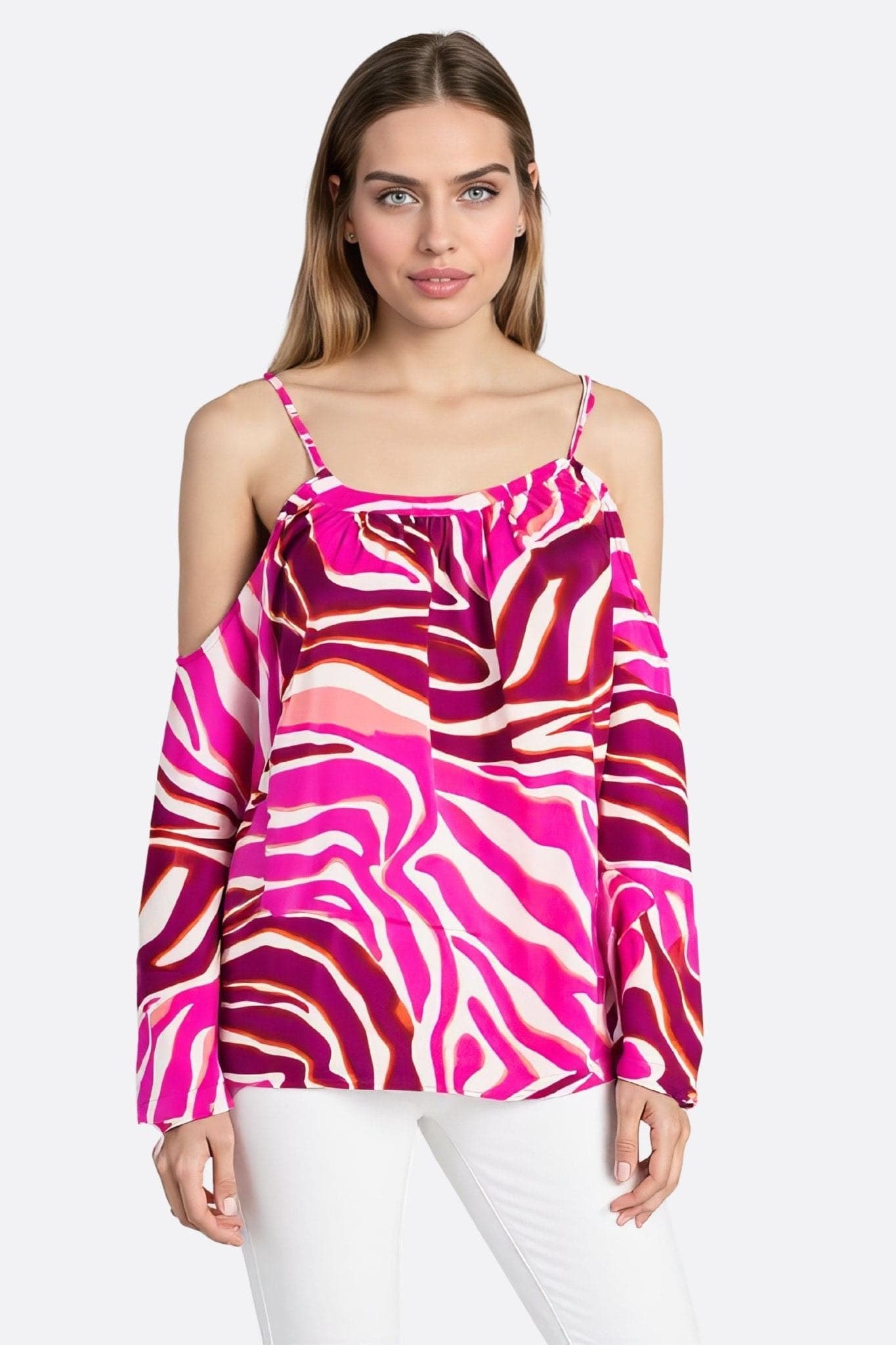 Flamboyant fuchsia off-shoulder blouse with vibrant zebra print, a chic choice for evening outings or stylish gatherings.