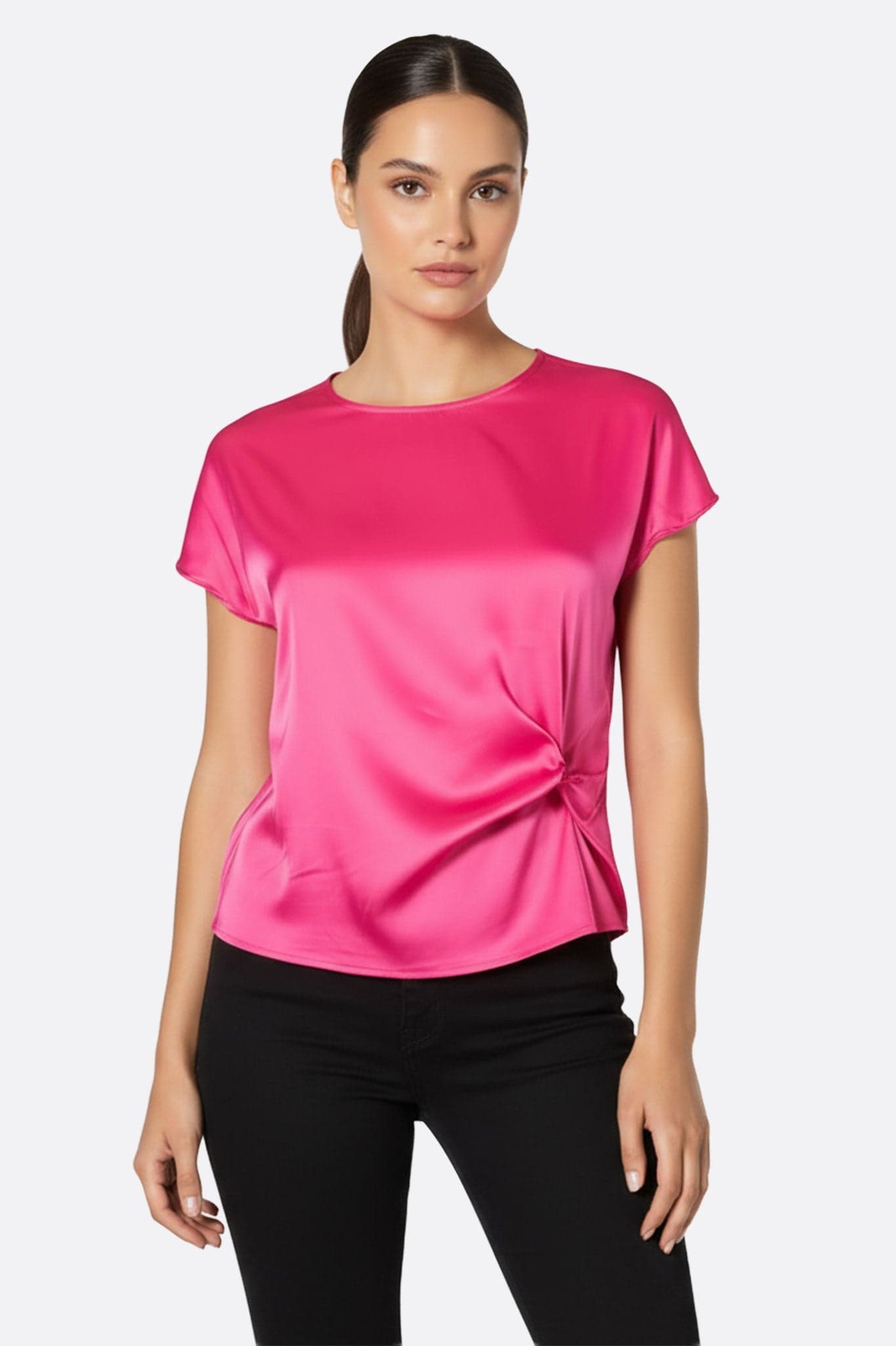 Fuchsia satin blouse with elegant gathered details, perfect for brightening up evening wear with a touch of femininity.