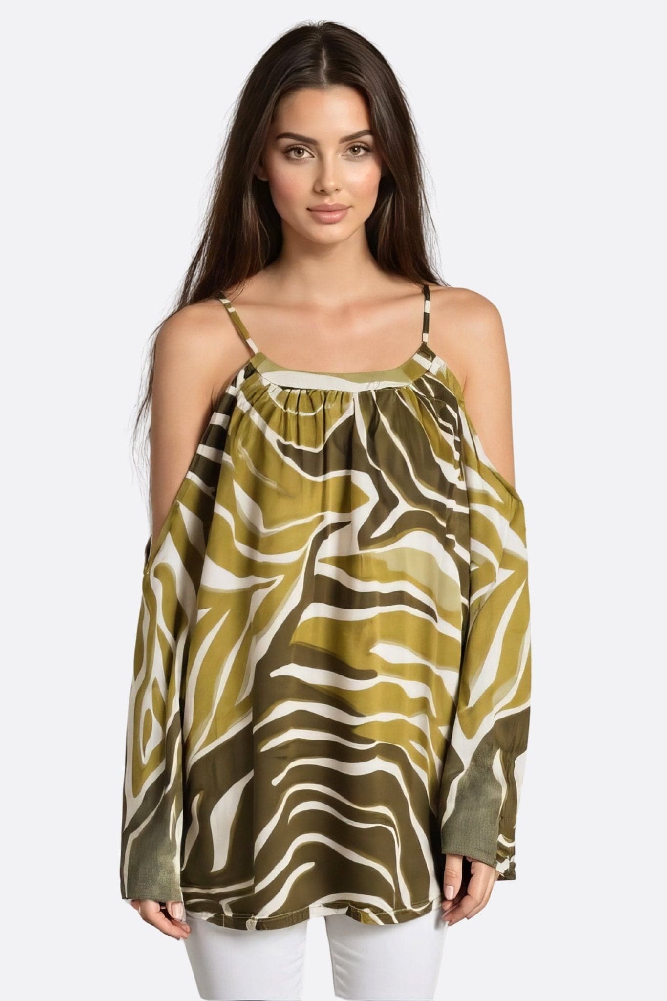 Elegante grüne Bluse mit Zebra-Print und schulterfreien Ärmeln, ideal für festliche Anlässe oder den Alltag in der Stadt.