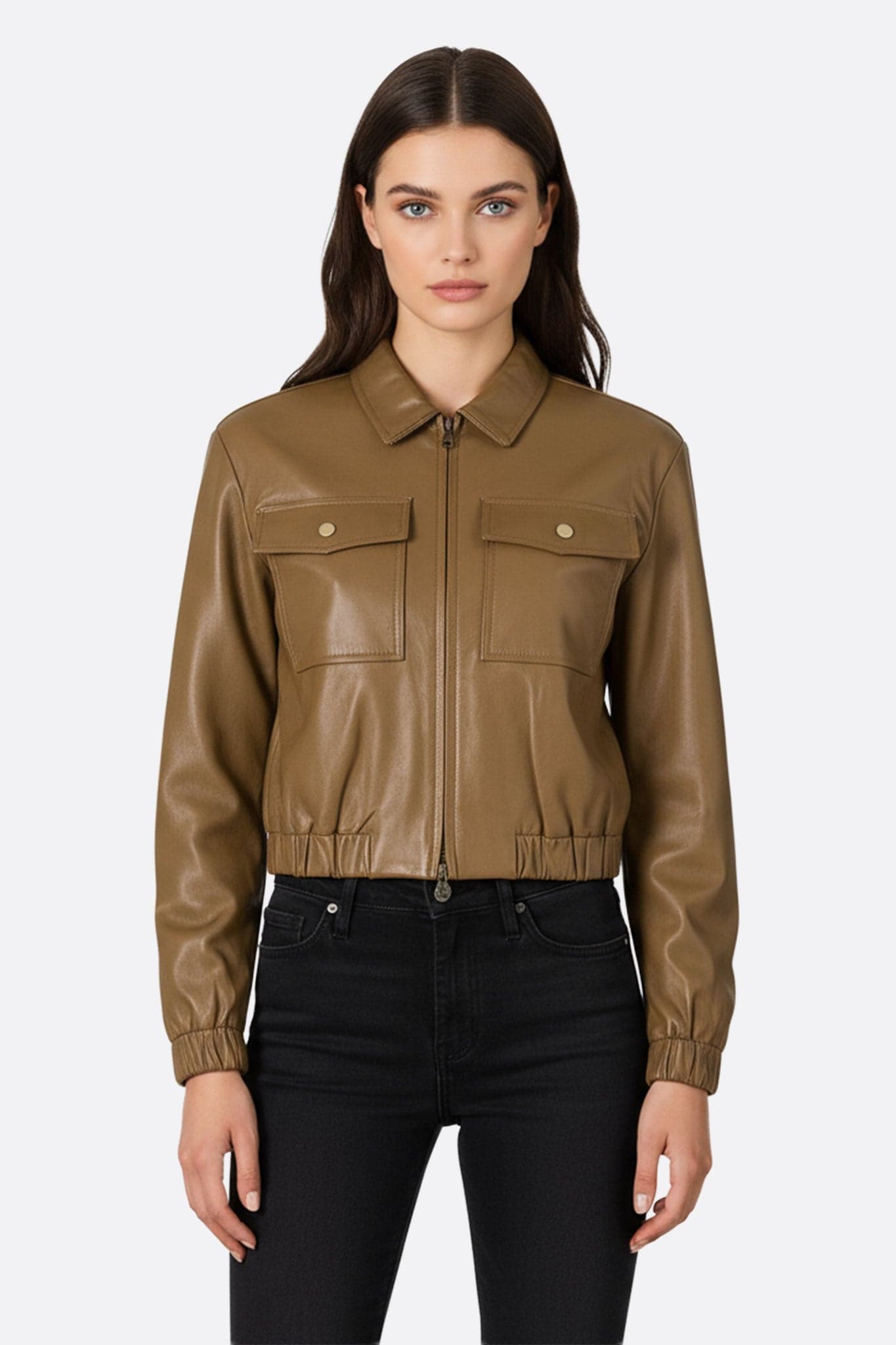 Structured caramel brown faux leather jacket, designed for urban chic style, perfect for elevating everyday outfits.