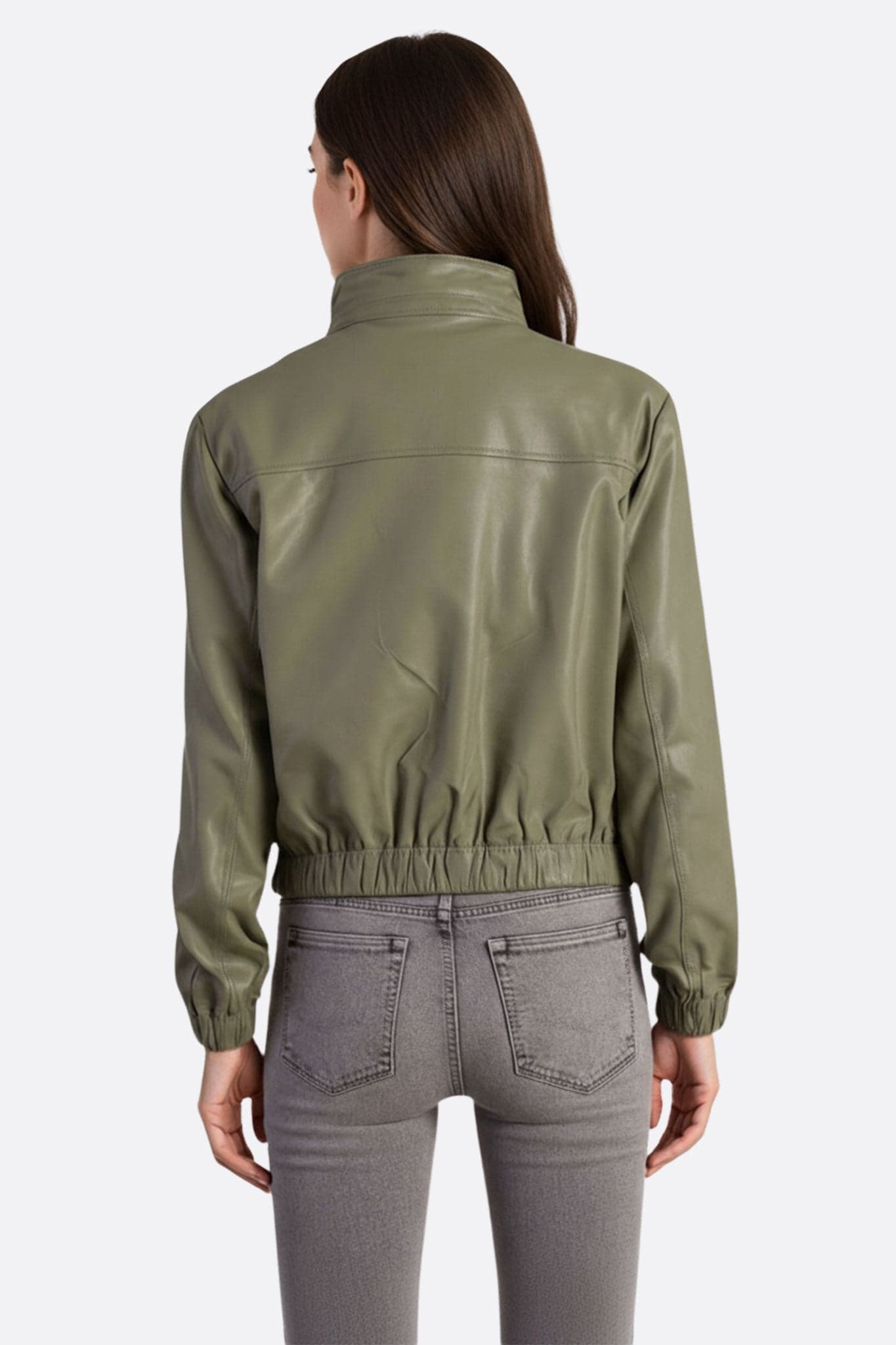 Short khaki faux leather jacket, 3/4 view highlighting its structured cut and chic look for elegant evenings.