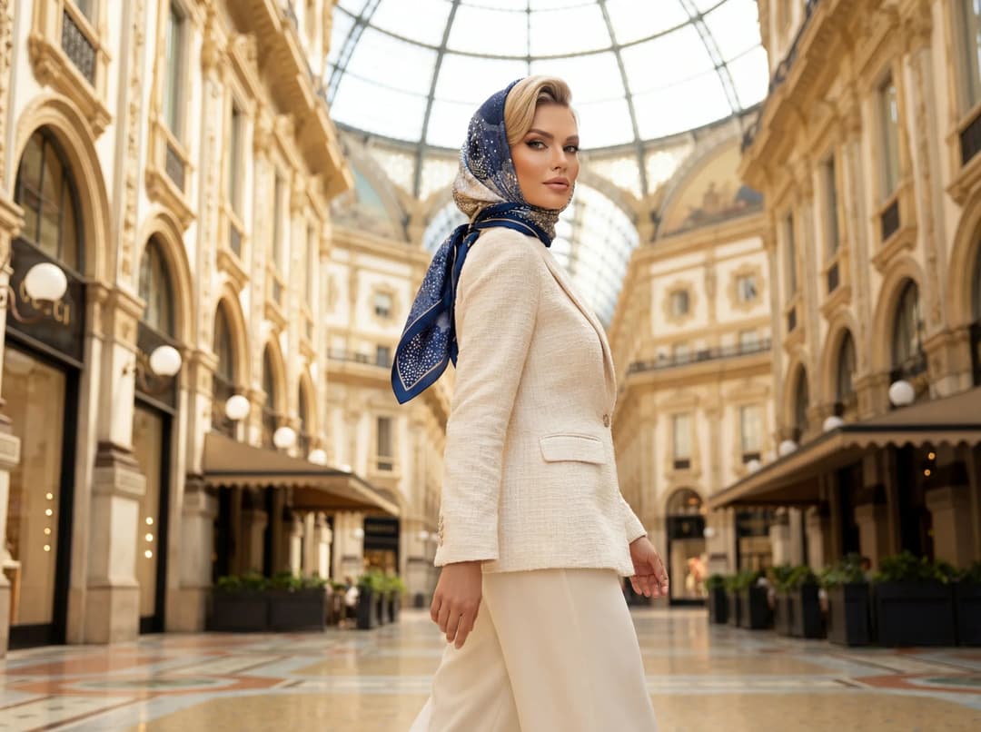 Carré de soie Misciano délicat porté dans les cheveux pour une allure élégante, vision Misciano dun accessoire intemporel et raffiné.