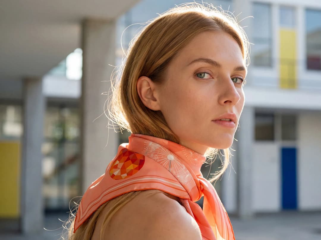 Carré de soie Misciano délicat avec motifs raffinés pour un look sophistiqué, vision Misciano de lélégance intemporelle et versatile, Carré de soie orange