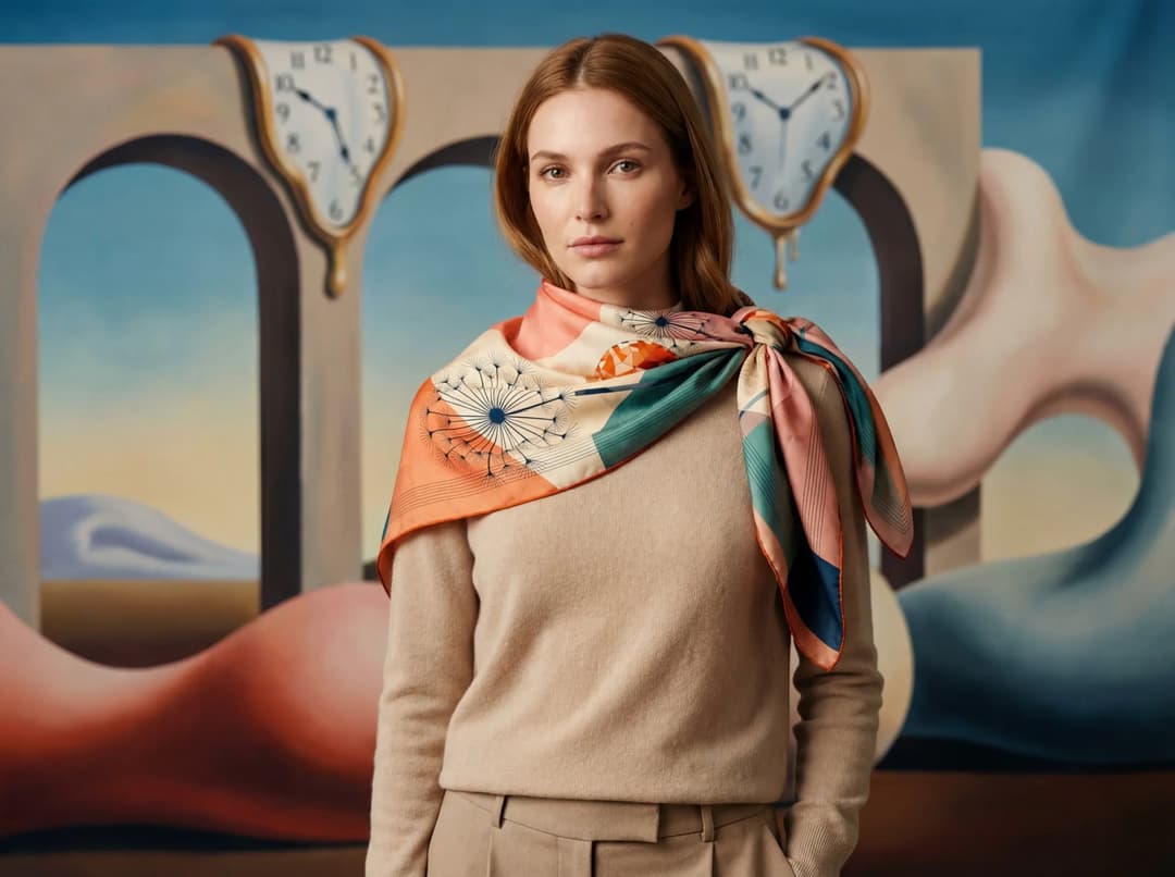 Carré de soie Orange et bleu délicat aux dimensions généreuses porté en foulard élégant, vision Misciano de la douceur et de lintemporalité