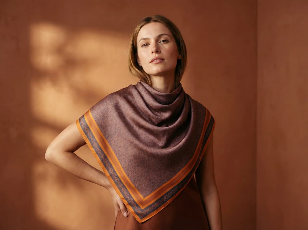 Carré de soie Misciano délicat aux motifs raffinés porté en accessoire élégant, vision Misciano de lélégance intemporelle
